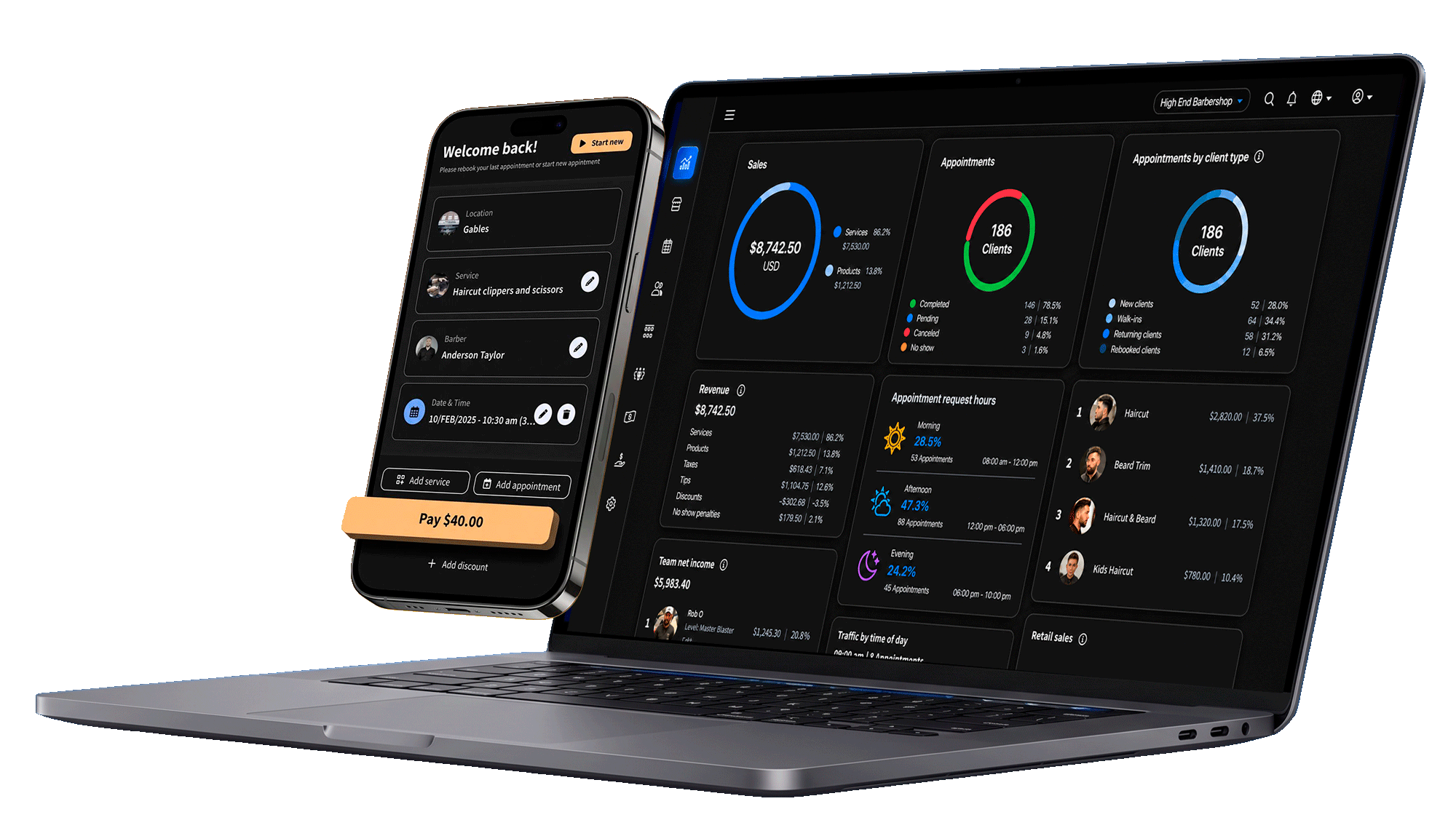 Barberlytics barbershop management dashboard showing appointments, revenue and client analytics