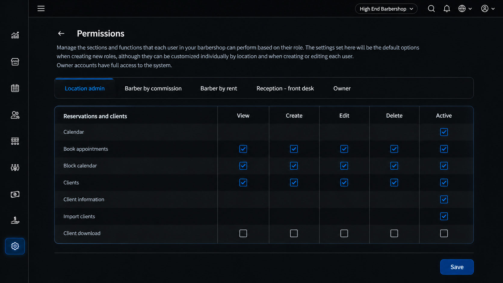 Barberlytics role-based permissions for barbershop owners, receptionists and barbers